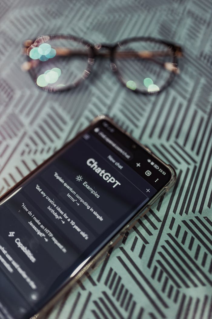 about-02 Smartphone with ChatGPT app interface next to eyeglasses on patterned surface.